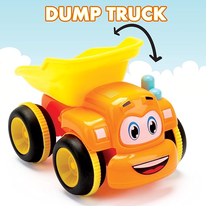 MOBIUS Toys Cartoon Builders Truck Set with Playmat & 16 Accessories – 3-Pack Push & Go Construction Vehicles for Toddlers Ages 2–5 – Dump Truck, Mixer, Bulldozer & Excavator, Gift Playset