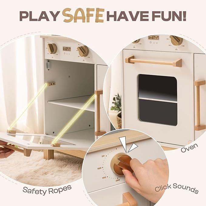 ROBOTIME Play Kitchen for Toddlers, Wooden Kids Play Kitchen Playset with Real Lights & Sounds/Ice Cube Dispenser, Pretend Play Montessori Toy Kitchen, Gift for Ages 3+