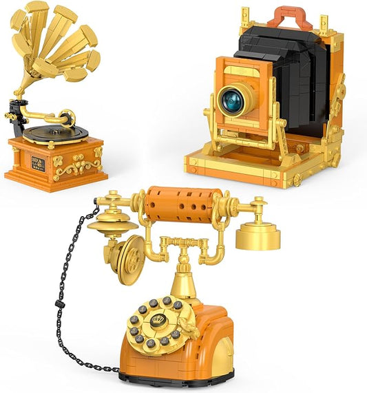 3 in 1 Building Block Sets, Retro Camera Telephone Record Player Building Toys, 1438 Pcs Vintage Collectible Model Kit for Home Office Decor, Nostalgic 80s Gift for Adults & Teens 14+