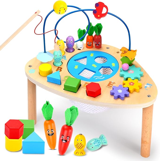 wingyz Activity Table for 1+ Year Old, 6 in 1 Wooden Montessori Activity Center Play Table with Bead Maze Shape Sorter Fishing Game, Kids Sensory Educational Toddler Learning Toys