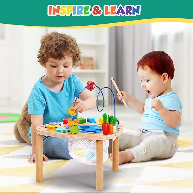 wingyz Activity Table for 1+ Year Old, 6 in 1 Wooden Montessori Activity Center Play Table with Bead Maze Shape Sorter Fishing Game, Kids Sensory Educational Toddler Learning Toys
