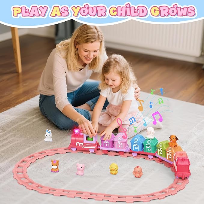 Learning Toys for Toddlers 1 2 3 Year Old,Electric Farm Train Set for Girls 2-4,Counting Matching & Sorting Montessori Train Toy with Farm Animals, Music, Light, Christmas Birthday Gift Baby (Pink)
