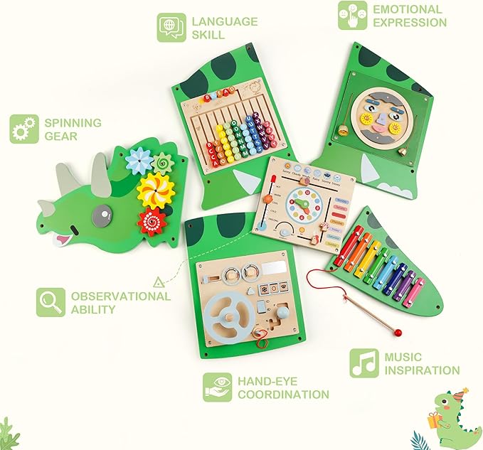 Montessori Busy Board Dinosaur Educational Toy, 4 Interchangeable Wooden Sensory Activity Board Wall Panel for Kids, Sensory Learning Toy for Boys and Girls Playroom, Toddler Room Decor