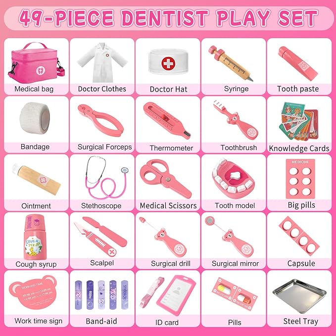 Doctor Kit for Kids Girls, Wooden Kids Dentist Play Set, Doctor Play Set Pretend Play Toys for Toddlers 3-5 , Realistic Wooden Medical Kit Role Play Set, Gifts for Boys Girls 3+ Years