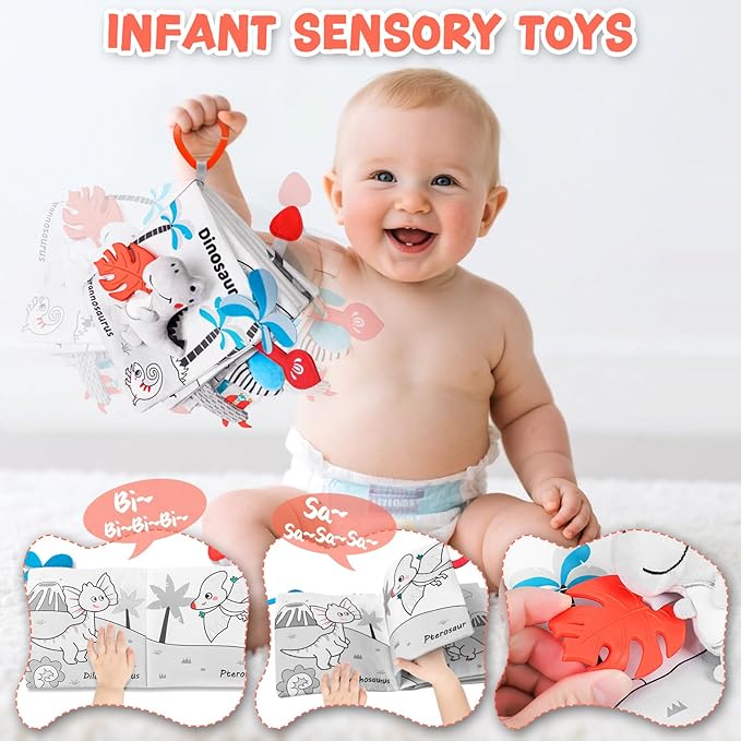 Dinosaur Fabric Book- Crinkle Sound, Touch & Feel, Press Squeaker with Soft Tail Plus Teether Feature - Baby Books Toys for Newborn Infants 0-12 Month
