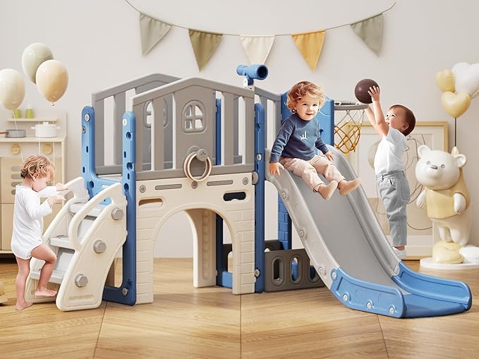KORIMEFA 7-in-1 Toddler Slide & Climber Playset with Basketball Hoop, Ring Toss, Telescope Indoor/Outdoor Activity Center for Kids 1-3 Years Blue
