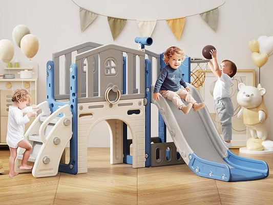 KORIMEFA 7-in-1 Toddler Slide & Climber Playset with Basketball Hoop, Ring Toss, Telescope Indoor/Outdoor Activity Center for Kids 1-3 Years Blue