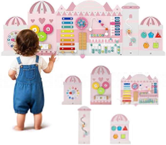 HONEY JOY Castle Activity Wall Busy Board Panels, 11-in-1 Wooden Sensory Wall Panel for Kids, Toddler Learning Activity Center, Ideal for Playroom Daycare Nursery Classroom Dentist Office (Pink)