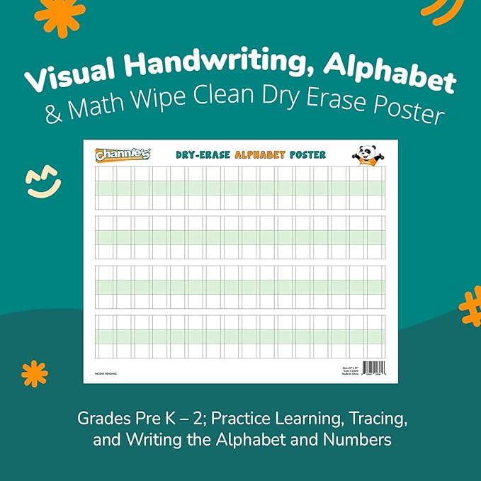 Channie’s Visual Two Sided Large Dry Erase Alphabet & Numbers Poster Board - Size 22” x 17”, Ages 3 and Up, PreK – 2nd Grade - Homeschool Learning Supplies for Summer School Teaching