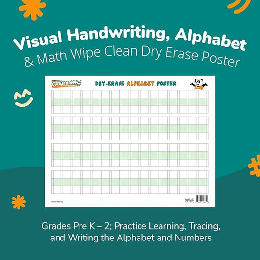 Channie’s Visual Two Sided Large Dry Erase Alphabet & Numbers Poster Board - Size 22” x 17”, Ages 3 and Up, PreK – 2nd Grade - Homeschool Learning Supplies for Summer School Teaching