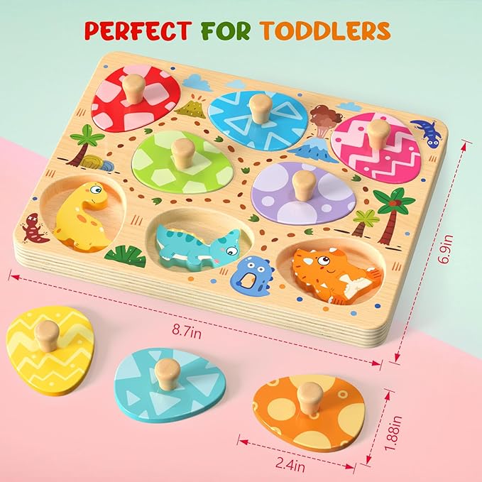 Wooden Puzzles for Toddlers, 8 Pcs Dinosaur Matching Egg Puzzle, Montessori Toys for Boy Girl Easter Birthday Gifts, Preschool Learning Activities & Educational Toys for Boys, Girls