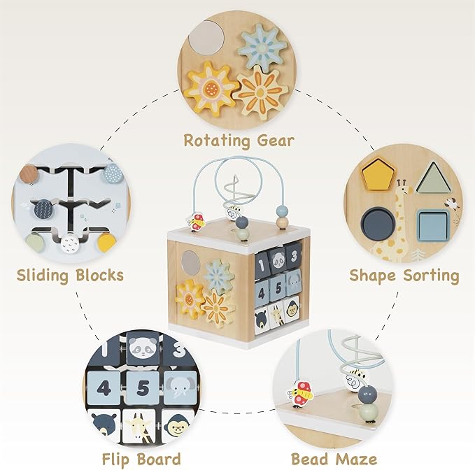 Wooden Activity Cube, 6-in-1 Montessori Toys for 1+ Year Old Boys & Girls, Educational Learning Toys for 1 2 3 Year Old Baby|Bead Maze|Shape Sorter|Mirror|Gear