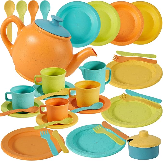Buyger Kids Kitchen Accessories and Tea Set for Kids, Toddler Play Kitchen Toy Dish Plates Utensils Dinnerware Set Pretend Role Play Gifts for Ages 3-5 3 4 5 Years Olds Kids Children Boys Girls