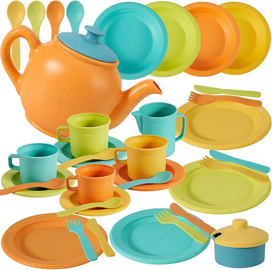 Buyger Kids Kitchen Accessories and Tea Set for Kids, Toddler Play Kitchen Toy Dish Plates Utensils Dinnerware Set Pretend Role Play Gifts for Ages 3-5 3 4 5 Years Olds Kids Children Boys Girls