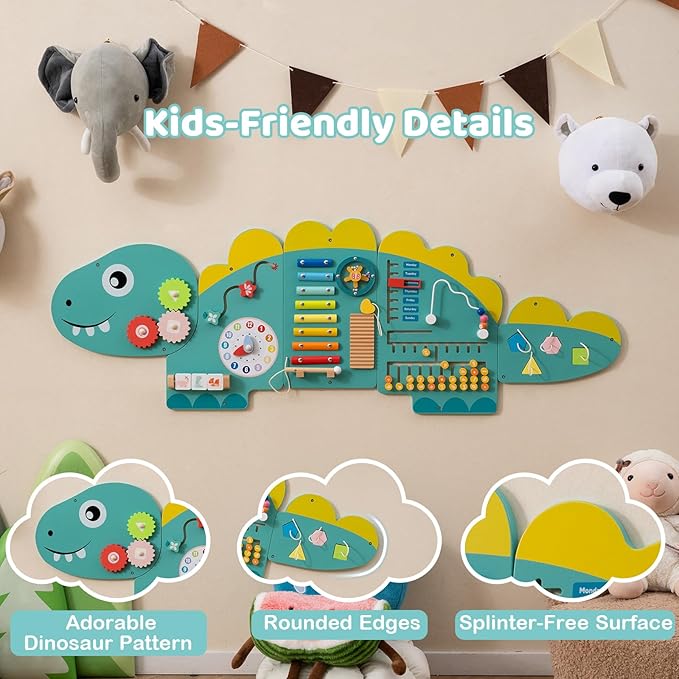 GLACER Dinosaur Wall Busy Board Panels, 11-in-1 Wooden Learning Activity Center for Early Education, Wall-Mounted Montessori Sensory Toddler Toys for Playroom, Daycare, Nursery (Green)