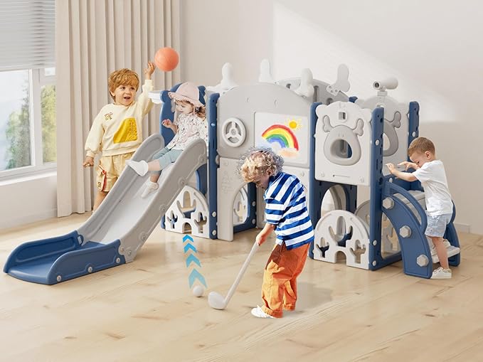 YUFU 13 in 1 Kids Slide for Toddlers, Toddler Slide Playset with Golf, Drawing Board, Climber, Basketball Hoop and Storage Space, Indoor Outdoor Toddler Playground for Kids Age 1-3 (Blue)