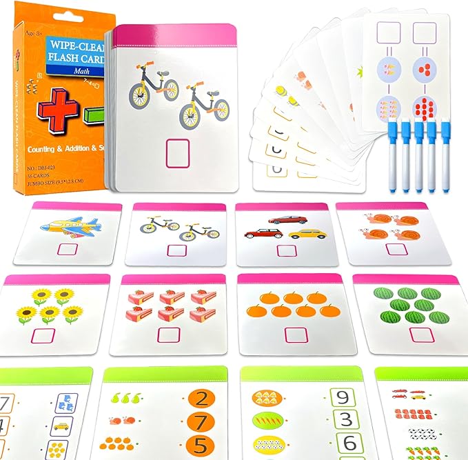 Counting & Addition & Subtraction Flash Cards for Toddlers - with 5 Dry Erase Pens, 3in1 Preschool Fun Learning Card, 36PCS Double Sides Flashcards, Early Education Flashcards for Kids Ages 3+