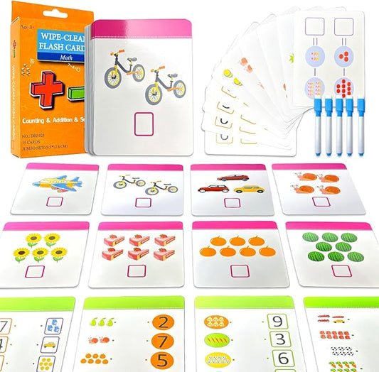 Counting & Addition & Subtraction Flash Cards for Toddlers - with 5 Dry Erase Pens, 3in1 Preschool Fun Learning Card, 36PCS Double Sides Flashcards, Early Education Flashcards for Kids Ages 3+