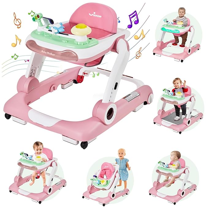 5 in 1 Baby Walker, Activity Baby Walker-Baby Bouncer, Rocker, Activity Center,Seat and Push Walker,Detachable Trampoline Mat, Adjustable Speed Rear Wheels and Height,Ages 6-18 Months
