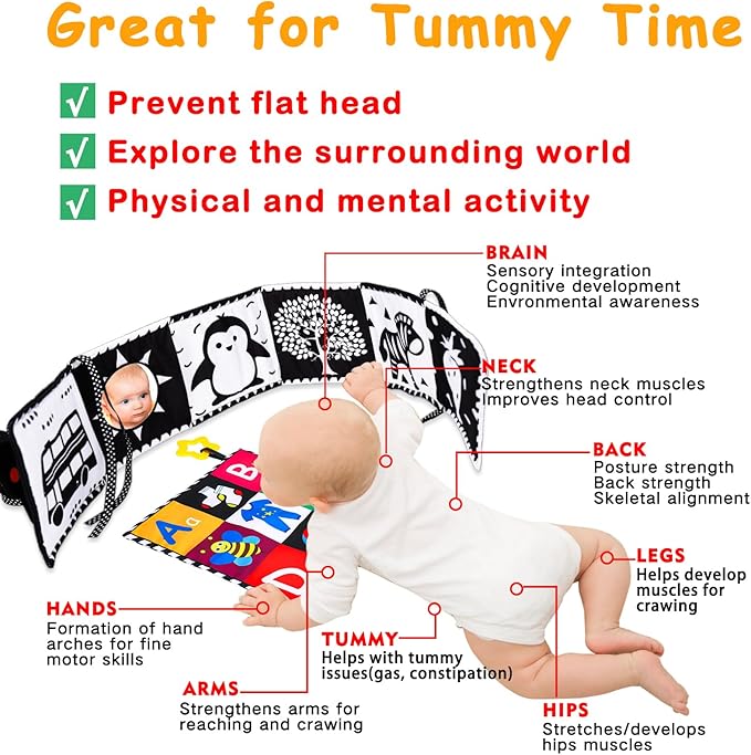 4 PCS Black and White High Contrast Baby Toys 0-3-6 Months Newborn Essential Toy for Babies Crinkle Sensory Book Brain Development Tummy Time Mirror Infant Carseat Rattle Christmas Stocking Stuffer