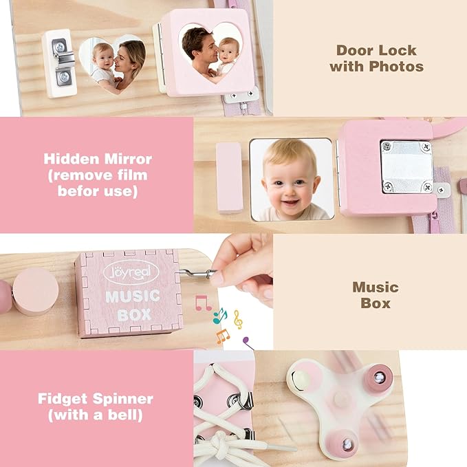 Joyreal Montessori Large Busy Board with Stand, Montessori Sensory Toys for Fine Motor Skills, Wooden Fidget Activity Board for Toddlers, Gifts for Baby Girls (Large Pink)