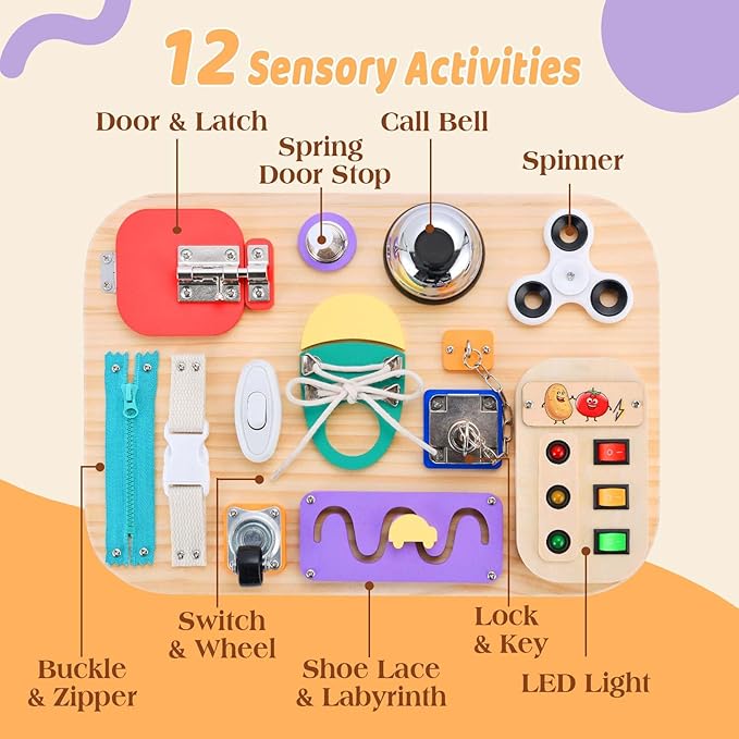 Potatomato Montessori Busy Board - Wooden Sensory Toys for Toddlers for 1 2 3 4 Years -Activity Board Toys for Fine Motor Skills - Educational Fidget Toys for Boy & Girl - Birthday Gifts