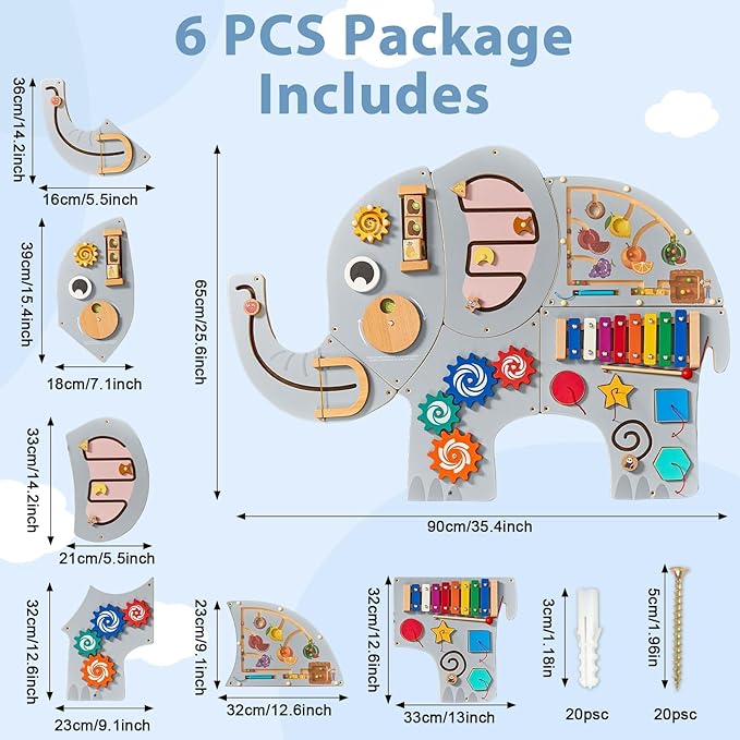 Large Elephant Wooden Activity Wall Panel Christmas Gift Educational Montessori Toy for Toddler Kids Interactive Sensory Activity Busy Board Daycare Learning Center Toddler Room Decor