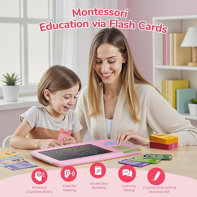 Talking Flash Cards for Toddlers: 2-in-1 LCD Writing Tablet Kids - Montessori Language Learning with 510 Words - Autism & Speech Therapy Toys for Children Gifts, Pink