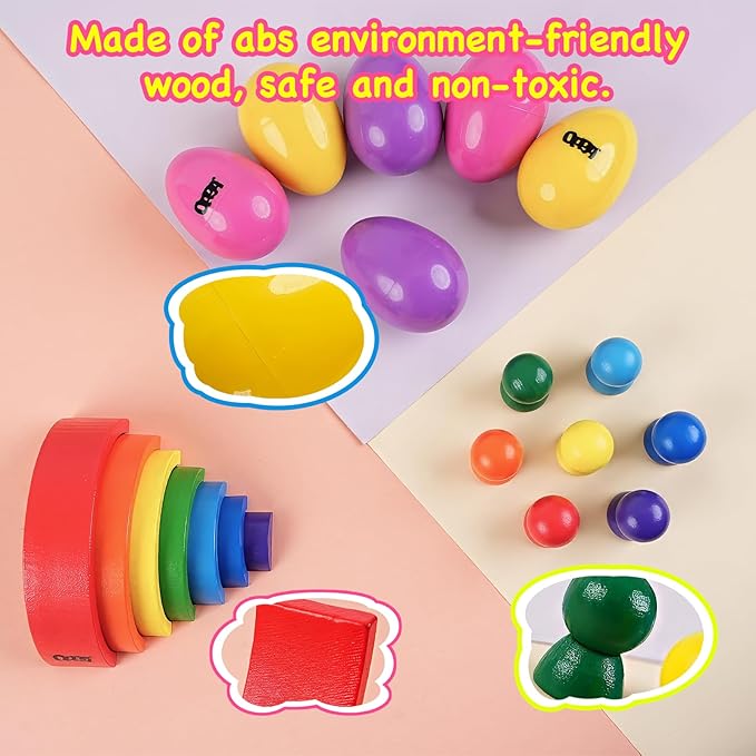 OPPA Colorful Plastic Egg Shakers 6 PCS and Rainbow Stacking Toy, Hand Percussion Musical Shaker, Wooden Rainbow Stacker Nesting Blocks, Educational Toy for Toddlers Baby Preschool Kids