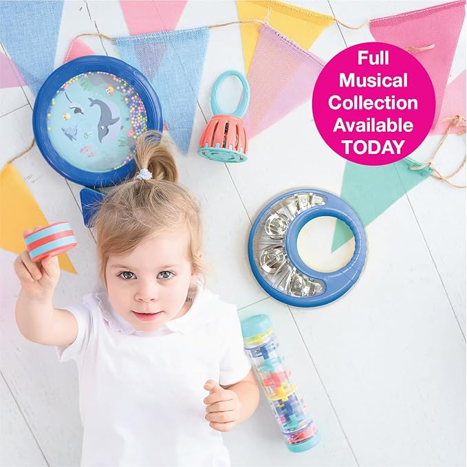 Edushape Classic Tambourine for Kids, Blue - Percussion Musical Instrument Baby Tambourine for Toddlers 1-3, Kids Tambourine Fun Tummy Time, Fine Motor, Auditory and Visual Sensory Development