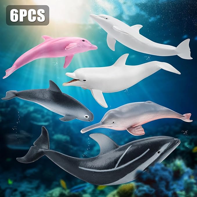 6PCS 5" Realistic Dolphin Figurines Toy for Toddlers, Ocean Animal Bath Toys for Kids, Dolphin Cake Toppers & Birthday Party Favors & Gifts for Boys & Girls
