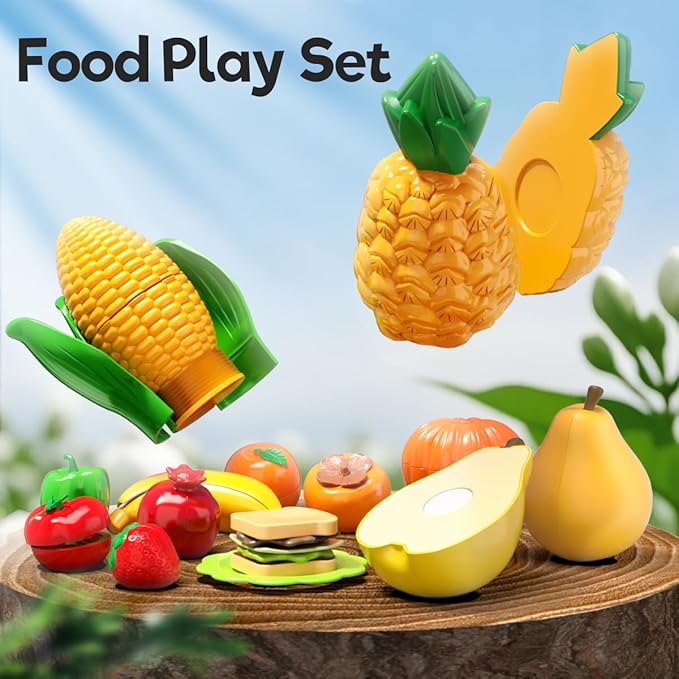 Toddler Toys Play Food Set, Learning Toy Cutting Food with Color Sorting Basket, Pretend Play Kitchen for Toddler 1-3 Preschool Learning Activities Montessori Toys for 1 2 3 Year Old Toddlers Kids