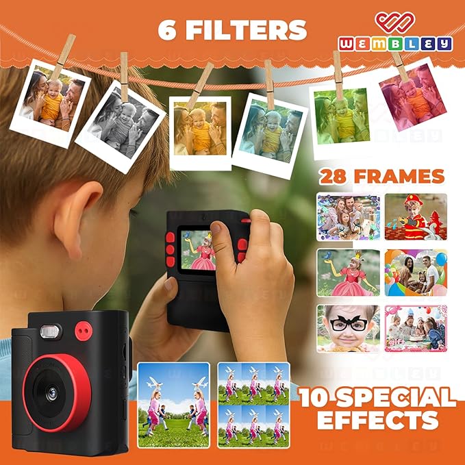 Wembley Kids Instant Print Camera with Dual Lens, 48MP, 1080P HD, 2.4" IPS Screen, 16X Zoom, 32GB SD Card, Thermal Printing, 6 Pens, 4 Rolls, USB Type-C, for Girls & Boys- Black
