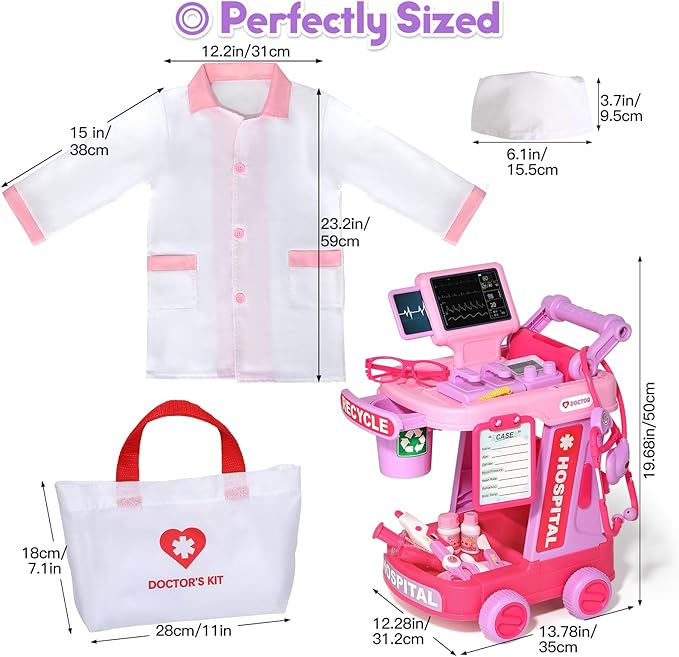 Doctor Kit for Toddlers Aged 3 4 5, Medical Pretend Play Set for Kids with Bag and Costume, Doctor Cart Toy for Girls Boys Christmas Birthday Gift (Pink)