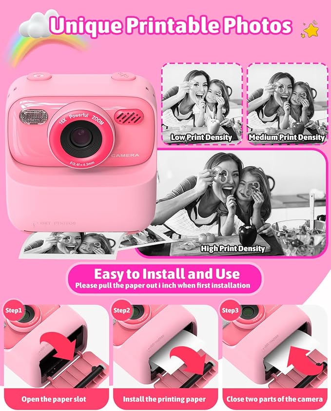 Mgaolo Kids Camera Instant Print Photo,Children Digital Camera Toys Gift with HD Video for Girls Boys 3-12 Age,Chritmas Birthday Festival Present for 3 4 5 6 7 8 9 Year Old Child (Pink)