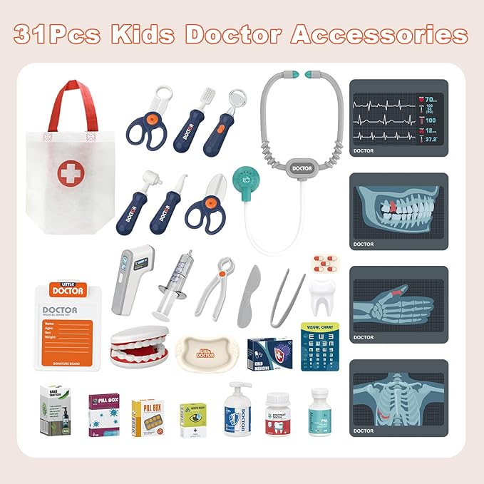 RedCrab Doctor Kit for Kids,32PCS Kids Doctors Play Set with Medical Cart,Stethoscope, Thermometer and Syringe,Doctor Role Play Toy Gift for Girls Boys 3,4,5,6,7,8+