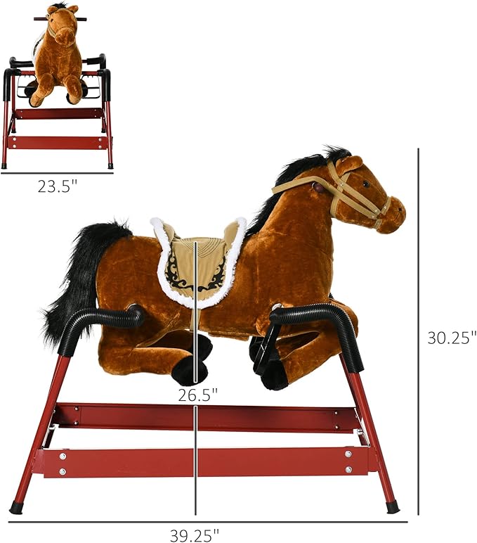 Qaba Kids Spring Rocking Horse, Ride on Horse for Girls and Boys with Animal Sounds, Plush Horse Ride-on with Soft Feel, Interactive Toy for Kids, Light Brown