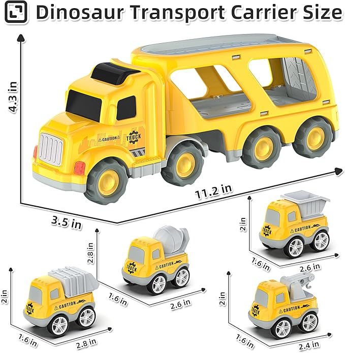Veslier Toddler Car Toys for 3 4 5 Years Old Construction Transport Truck with 4 Pack Small Pull Back Construction Vehicles Friction Power Cars Christmas Birthday Gifts for Kids Boys Girls