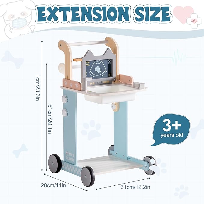 ROBUD Toddler Doctor Play Set, Complete Doctor Kit for Kids with Adjustable Height and Medical Tools, Wooden Pretend Play Pet Doctor Cart for Kids Aged 3+, Vet Kit for Imaginative Role Play Fun