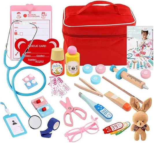 Wooden Doctor & Dentist Kit, Pretend Play Doctor Set, Wooden Doctors Playset with Medical Bag, Stethoscope, Syringe & Magnetic Thermometer, Educational Doctors Role-play Sets for Girls & Boys (styleB)