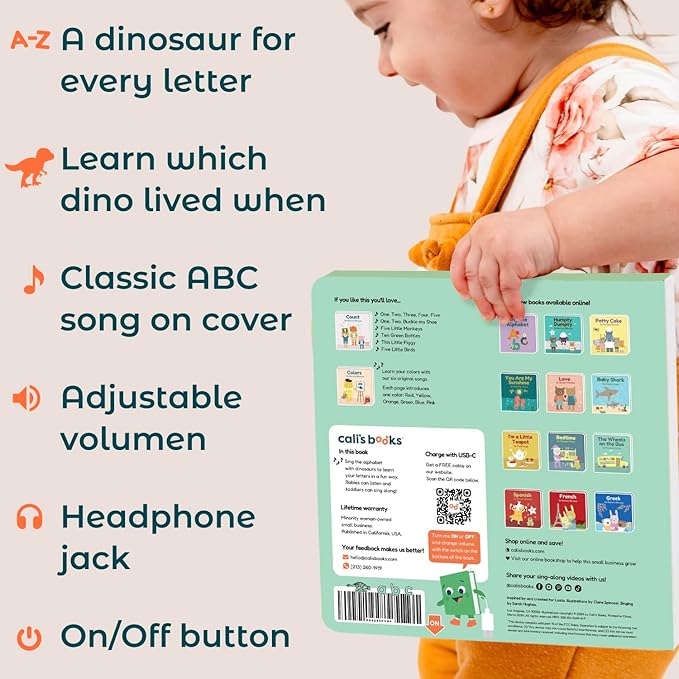 Cali's Books Dinosaur Alphabet Book Toddlers 1-3 - Dino ABC, Headphone Jack, Musical Books Kids, Interactive Talking Baby Toddler Sound Book, Educational Song Learning Toys Singing Music Toy Babies