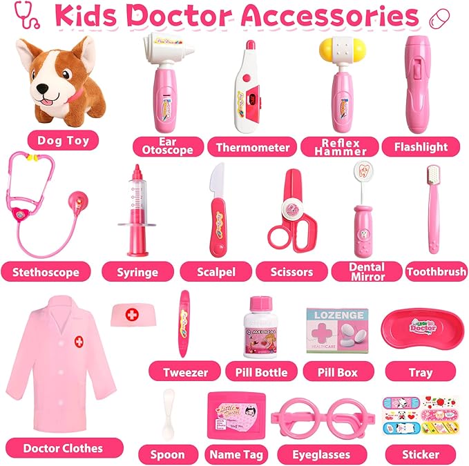 Doctor Kit for Toddlers 3-5 Dress Up for 2+ Year Olds Girls Pretend Veterinarian Toddler Doctor Play Set with Stethoscope Pink Costume Dog Toy Christmas Birthday Gifts for 2 3 4 5 6 Year Old Girls