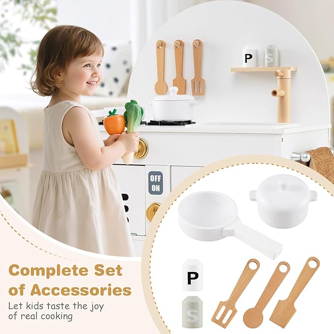 Costzon Kids Kitchen Playset, Little Chef Pretend Play Kitchen w/Stoves, Faucet, Sink, Microwave, Cabinet, Oven & Cooking Accessories, Wooden Play Kitchen for Kids 3+ Years Old (White)