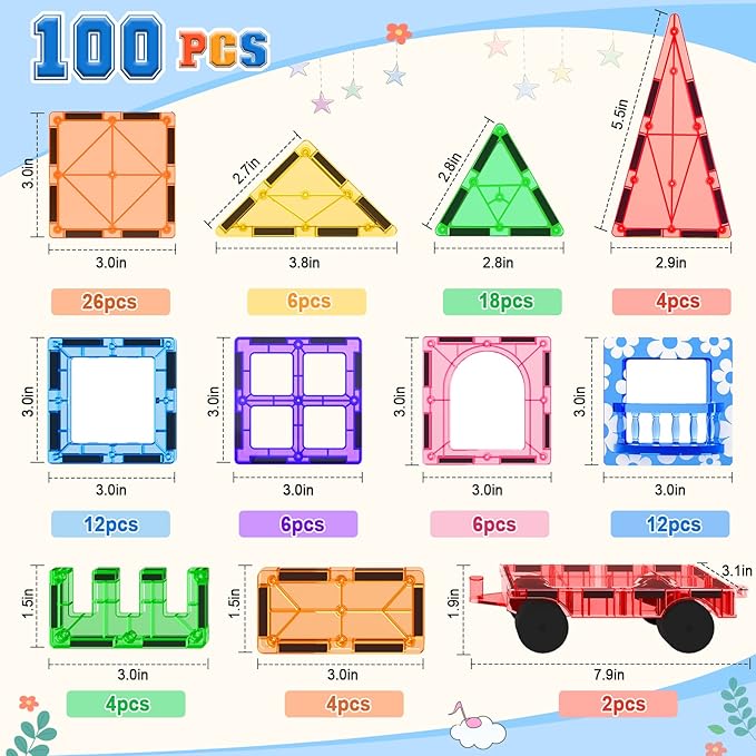 100PCS Magnetic Tiles STEM Building Toys Set with 2 Cars, Sensory Stacking Magnetic Blocks for Toddlers & Kids, Ideal for Preschool Montessori Toys Christmas Birthday Gifts for Boys & Girls Ages 3+