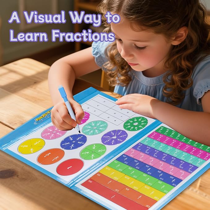 Magnetic Fraction Educational Puzzle with Fraction Tiles & Circles, Math Manipulatives Montessori Learning Toys to Help Kids Learn Fractions and Build Early Math Skills (Blue)