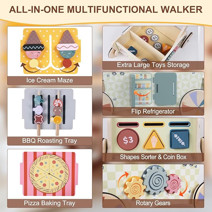 Wooden Baby Walker with Wheels, Montessori Kitchen Walking Toys, Pretend Play Grocery Toys, Sorting and Stacking Toys for Infants and Toddlers, Push and Pull Learning Activity Walkers