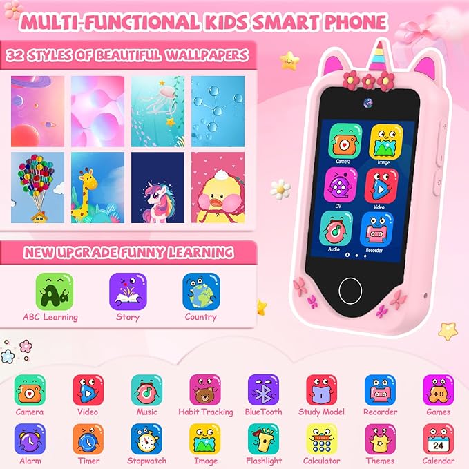 Kids Smart Phone for Girls Gifts - Toddler Christmas Birthday Gift for Age 3 4 5 6 Year Old, Kids Cell Phone Toy with Touchscreen, Dual Cameras, Learning, Kid Mp3 Player, Games with 32 GB Card