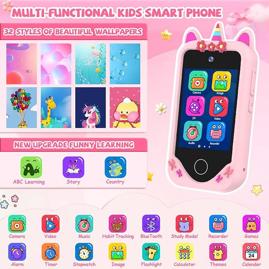 Kids Smart Phone for Girls Gifts - Toddler Christmas Birthday Gift for Age 3 4 5 6 Year Old, Kids Cell Phone Toy with Touchscreen, Dual Cameras, Learning, Kid Mp3 Player, Games with 32 GB Card