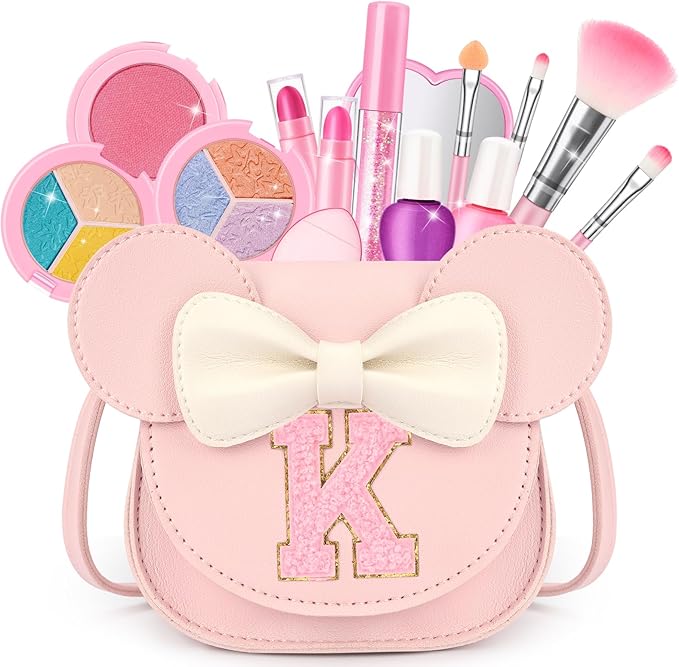 Kids Makeup Kit for Girls - 15 Pcs Real Washable Make Up Set - Non Toxic Toddlers Cosmetic with Letter Mouse Ear Purse - Dress up Birthday Gifts for 3 4 5 6 7 8 Years Old Girls - K