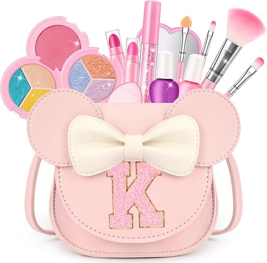Kids Makeup Kit for Girls - 15 Pcs Real Washable Make Up Set - Non Toxic Toddlers Cosmetic with Letter Mouse Ear Purse - Dress up Birthday Gifts for 3 4 5 6 7 8 Years Old Girls - K
